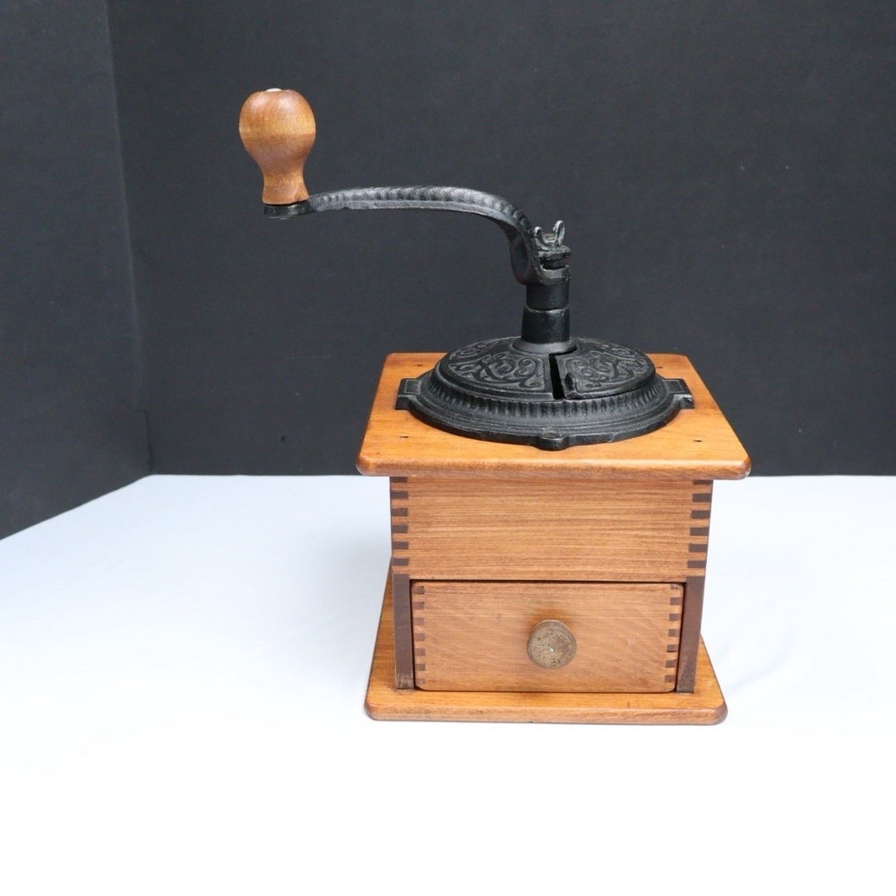 VTG Finger Jointed Wood Coffee Grinder Mill Box + Drawer Hand Crank 5x7"